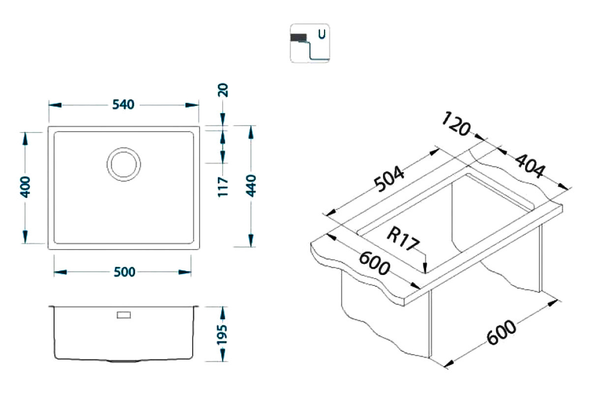 Интегрированная мойка из нержавейки KOMBINO 50, монтаж под столешницу